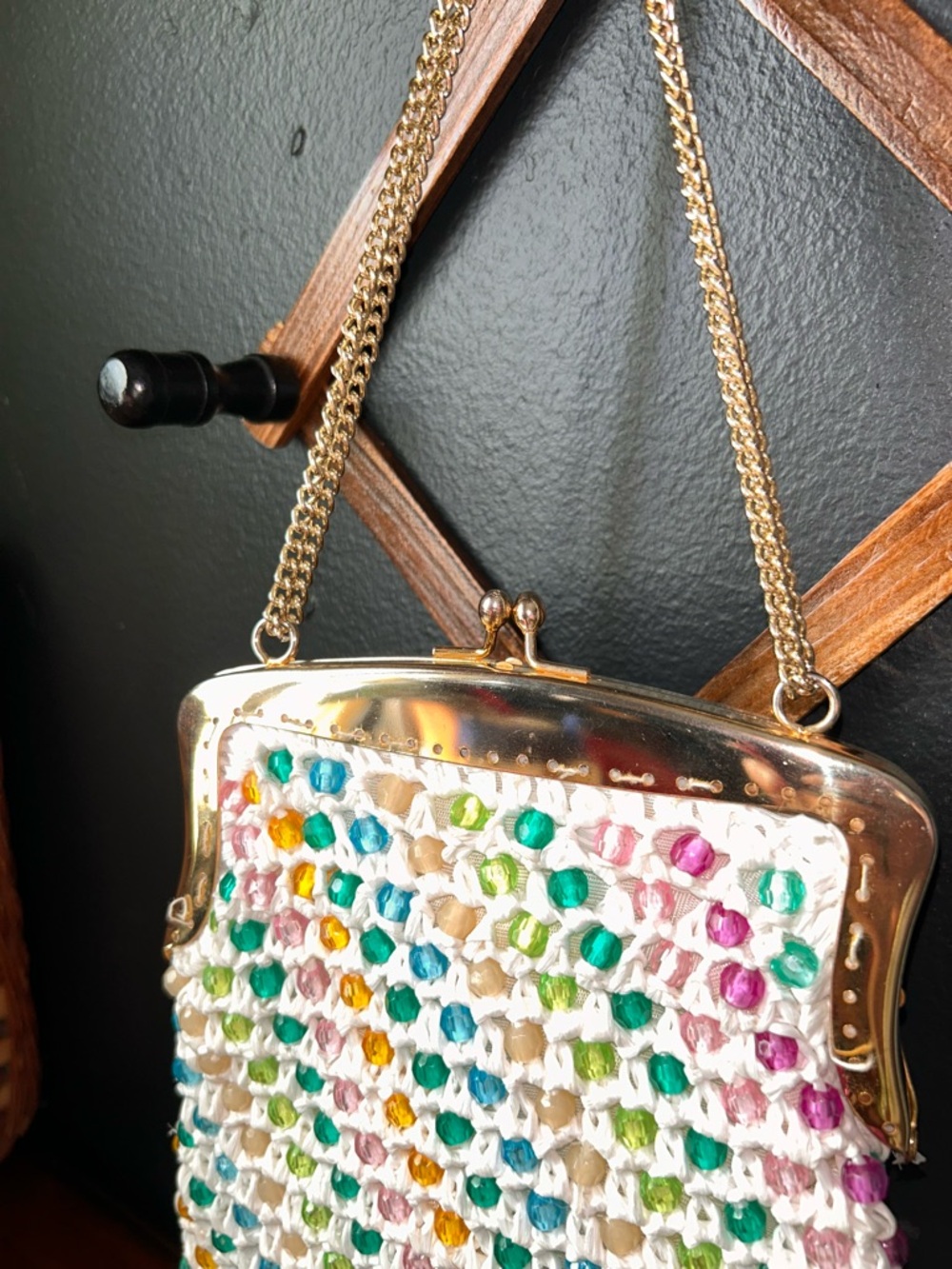 White Crochet Kisslock Mini Bag with Multicolor Bead Accents and Gold Chain - Picture 13 of 15